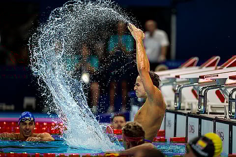 Paris Paralympics 2024 Day 1, Swimming: Ugo Didier, of France, celebrates after winning Men's 400 Freestyle -S9